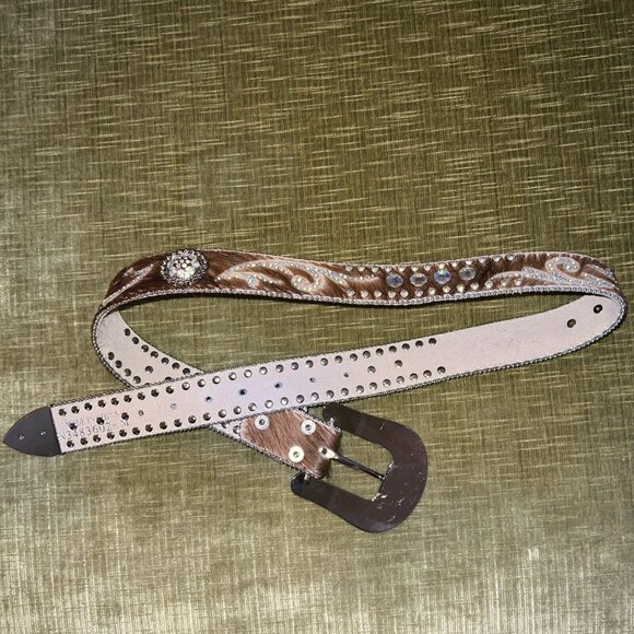Nocona Brown Calf Hair Leather Studded Iridescent Rhinestone Belt M 32.5-38.5” - Picture 10 of 16
